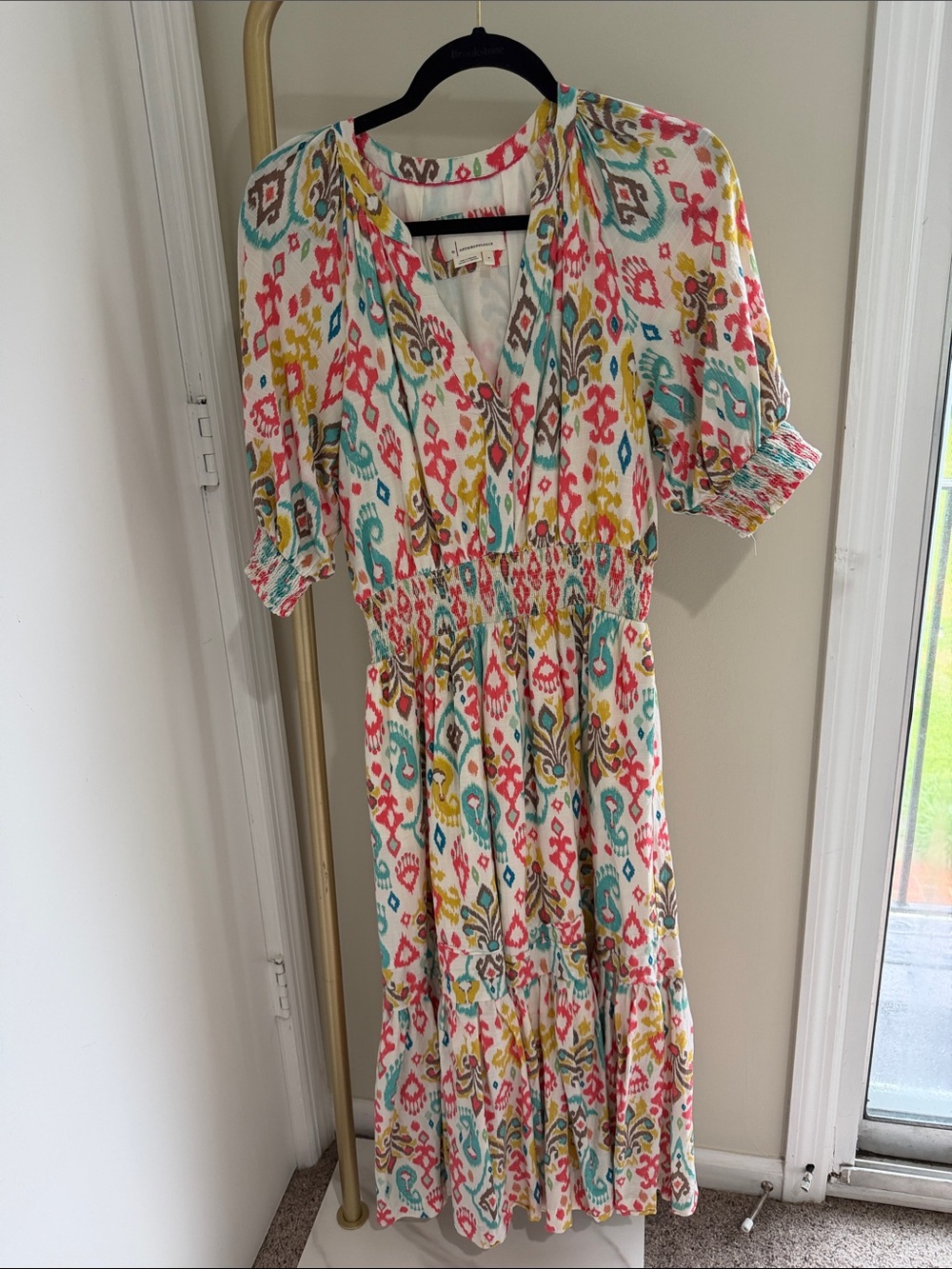 Anthropologie White Midi Dress with Teal, Pink & Yellow Print